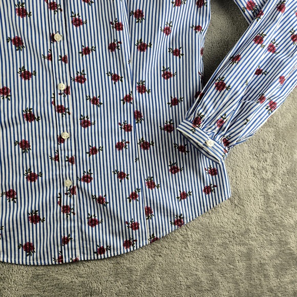 Brooks Brothers Shirt Womens 10 White Blue Striped Roses Long Sleeve Career Work - Picture 8 of 11